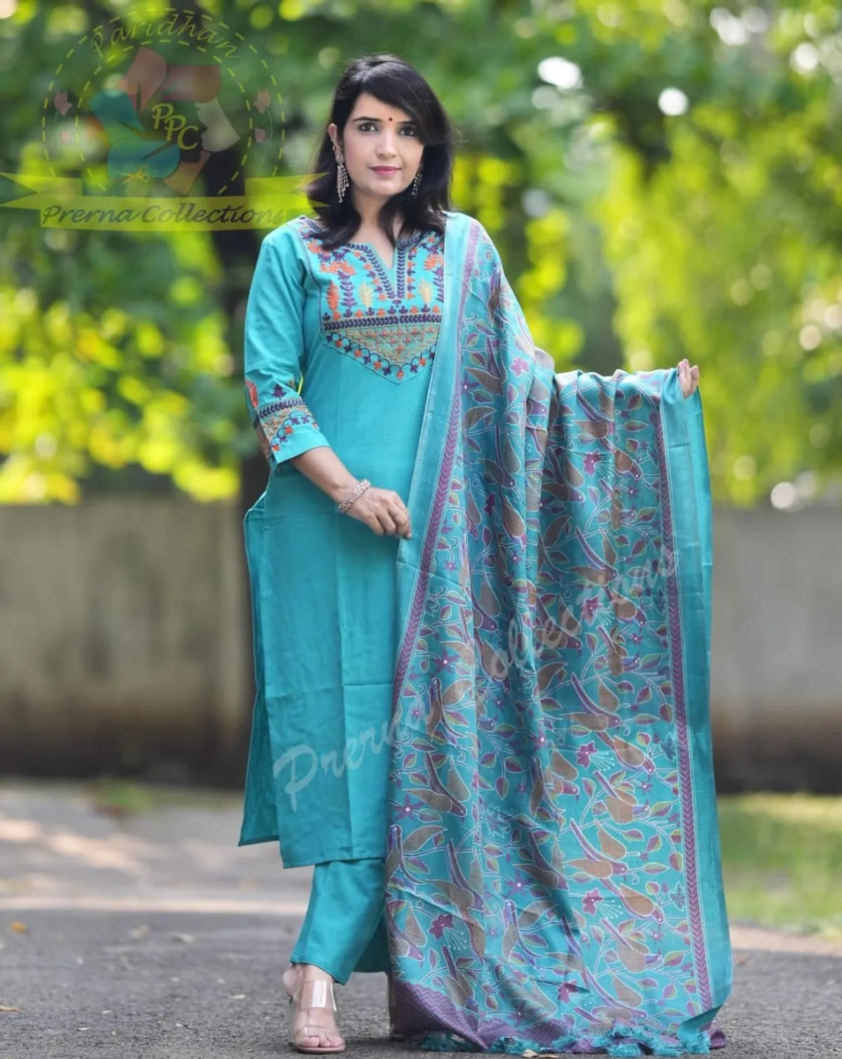 (  BIBA PREMIUM ).. Elegant Blue Cotton Embroidered Kurta Set with Khaddar Silk Dupatta