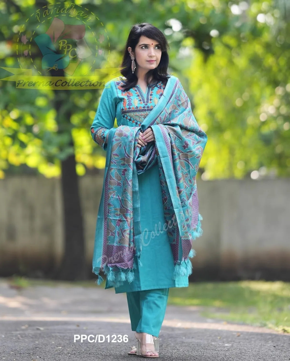 (  BIBA PREMIUM ).. Elegant Blue Cotton Embroidered Kurta Set with Khaddar Silk Dupatta