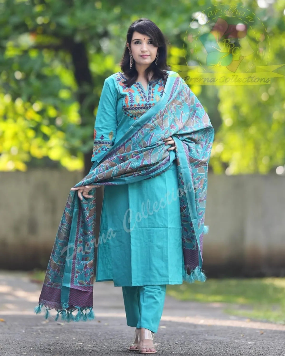 (  BIBA PREMIUM ).. Elegant Blue Cotton Embroidered Kurta Set with Khaddar Silk Dupatta