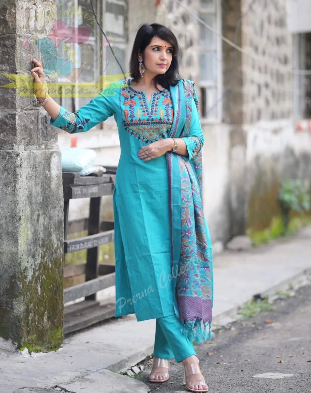 (  BIBA PREMIUM ).. Elegant Blue Cotton Embroidered Kurta Set with Khaddar Silk Dupatta