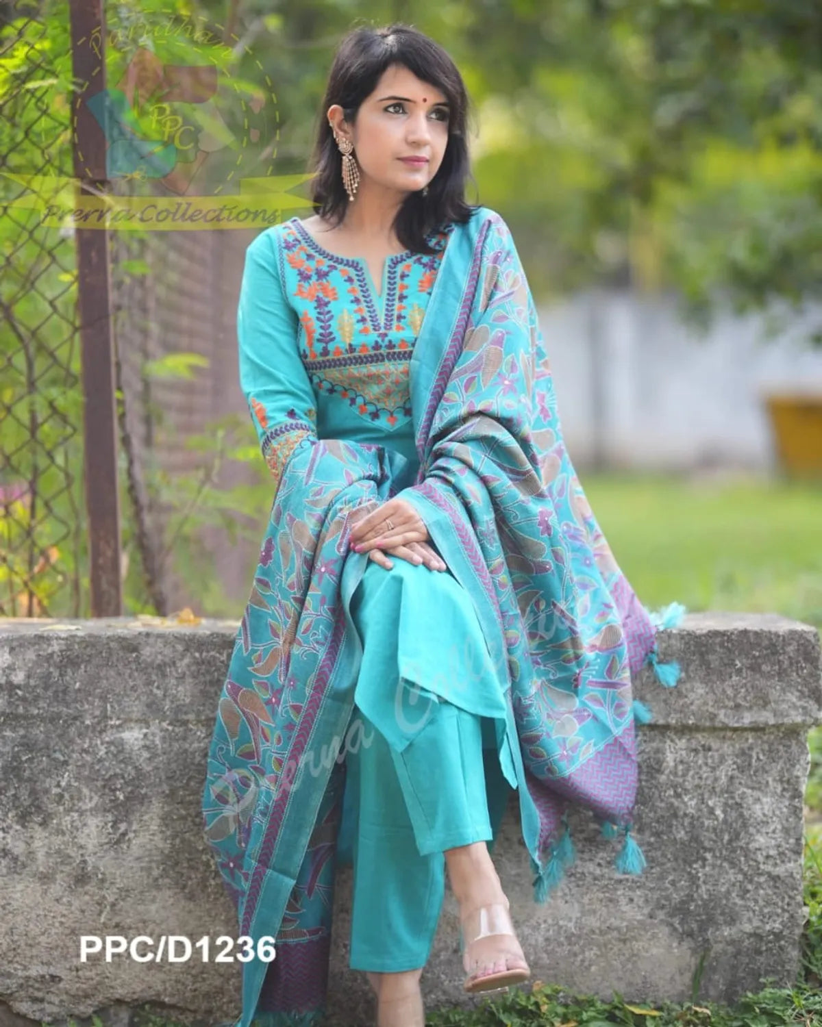 (  BIBA PREMIUM ).. Elegant Blue Cotton Embroidered Kurta Set with Khaddar Silk Dupatta