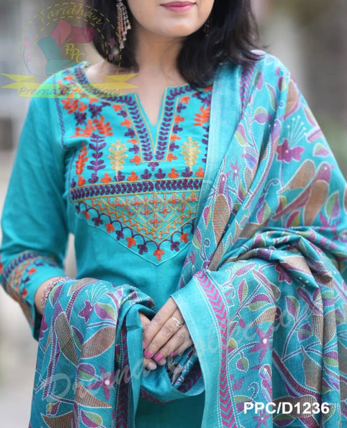 (  BIBA PREMIUM ).. Elegant Blue Cotton Embroidered Kurta Set with Khaddar Silk Dupatta