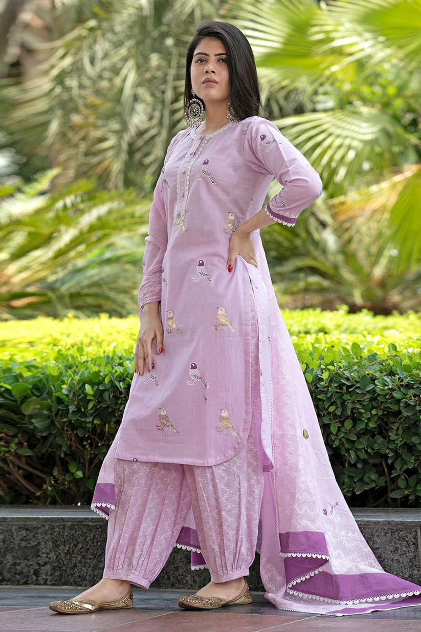 Biba Lavender Bird Motif Cotton Kurti Set