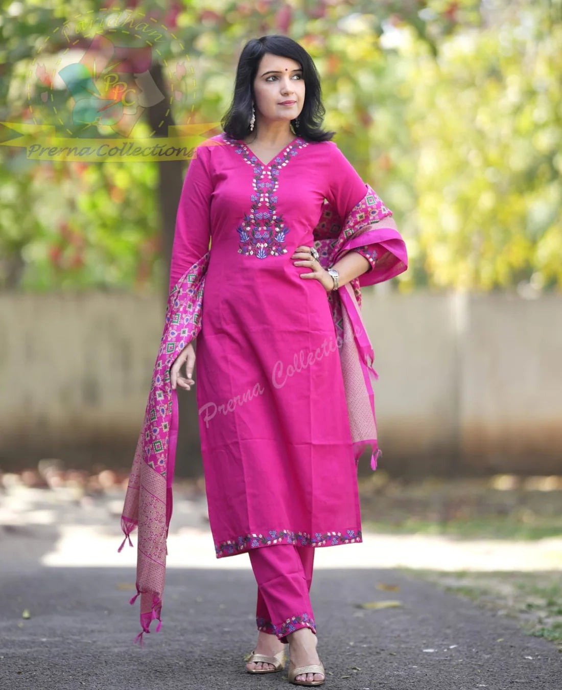 BIBA Elegant Fuchsia Pink Embroidered Kurti Set