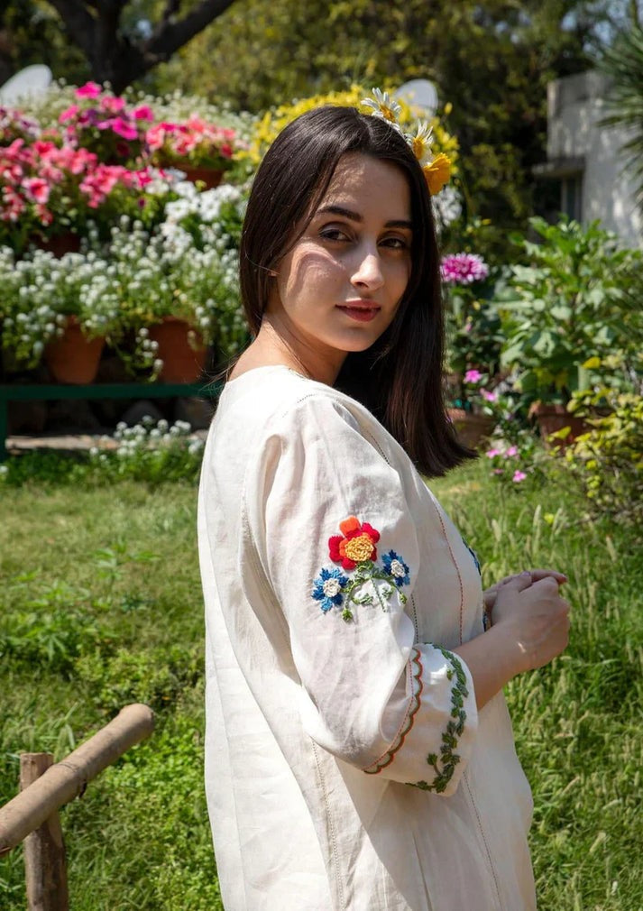 Biba Premium Off White Cotton Kurta And Pant Set