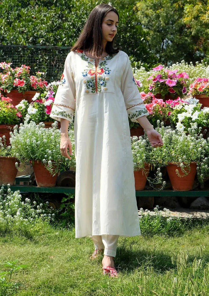 Biba Premium Off White Cotton Kurta And Pant Set