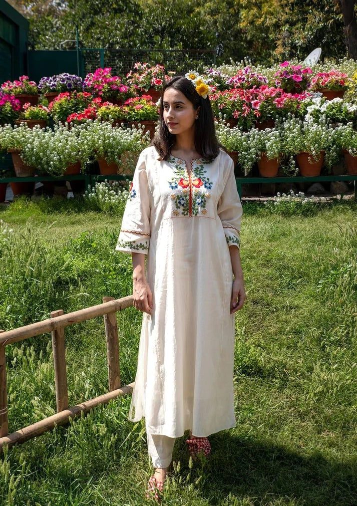 Biba Premium Off White Cotton Kurta And Pant Set
