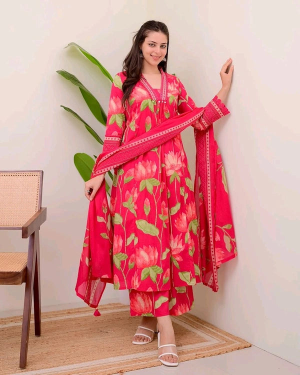 BIBA Elegant Pink Floral Kurta Set with Dupatta