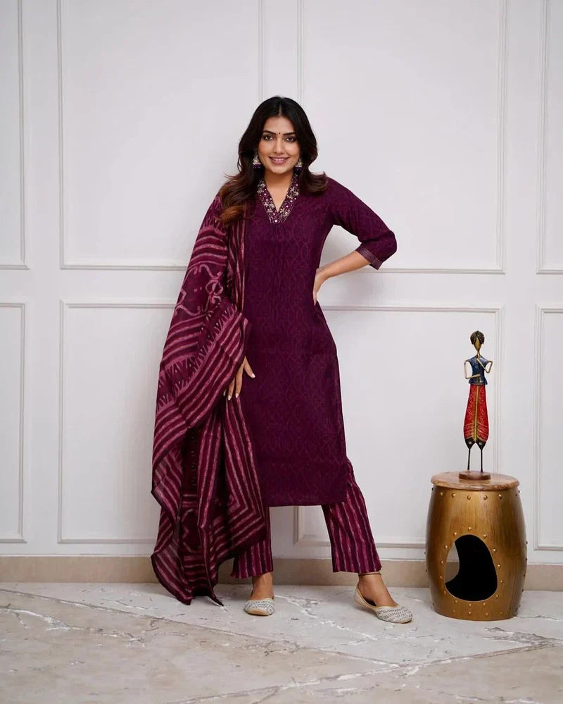 Wine Cotton Kurta With Pant & Dupatta Set