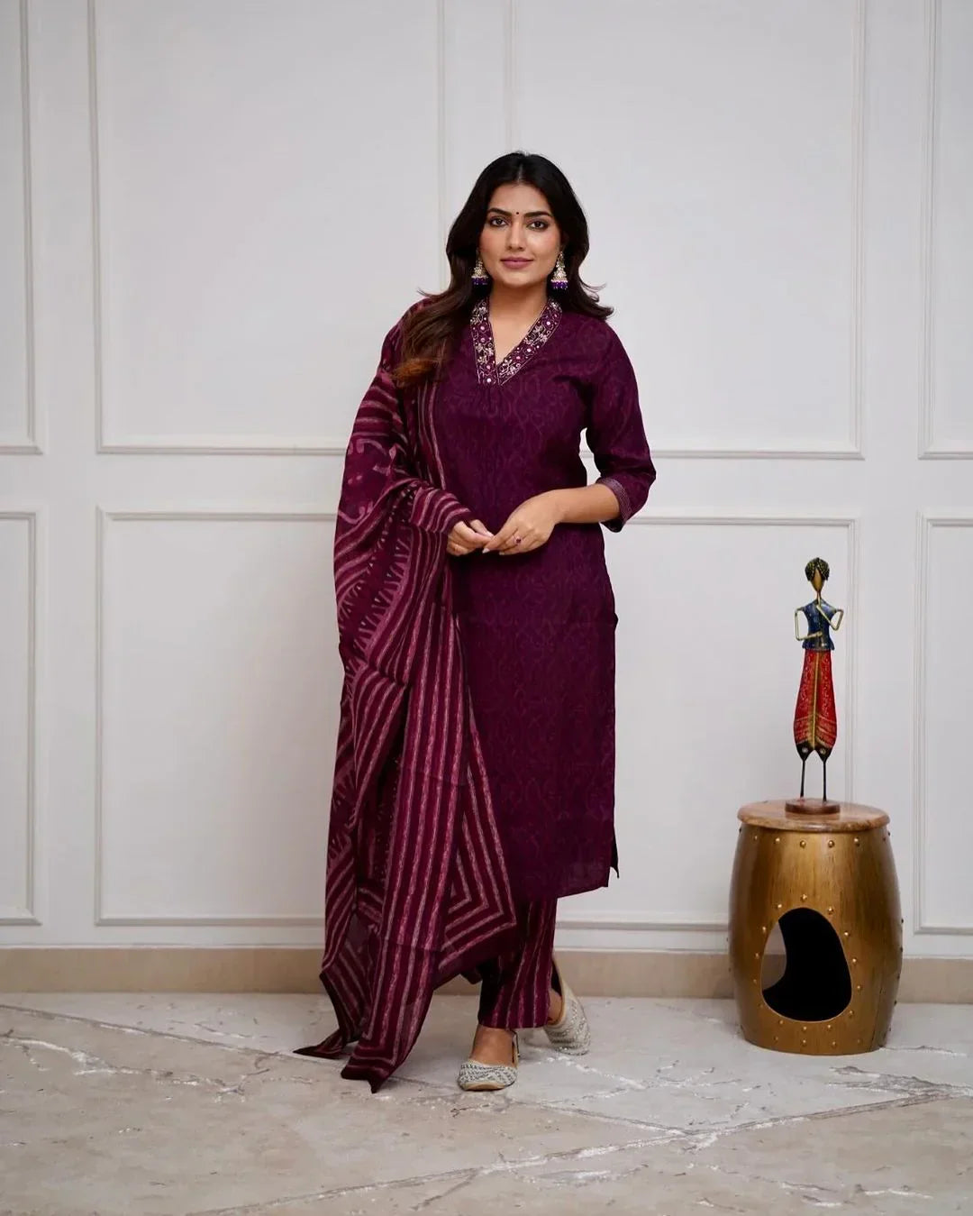 Wine Cotton Kurta With Pant & Dupatta Set