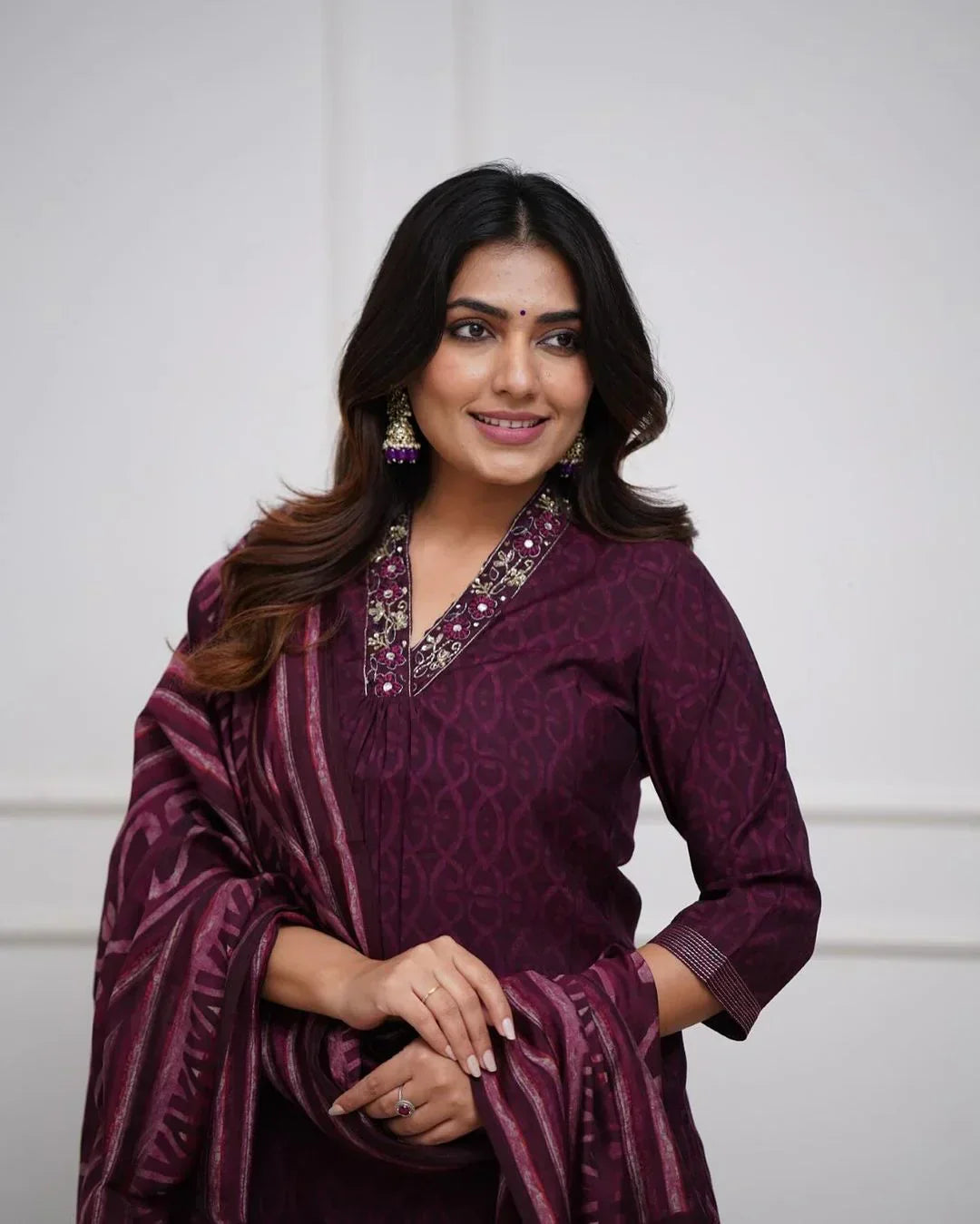 Wine Cotton Kurta With Pant & Dupatta Set
