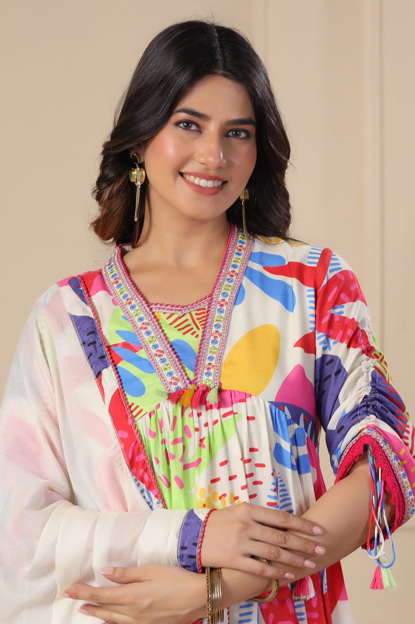 BIBA Cream Anarkali Cotton Printed Floral Blunt V Abstract Set