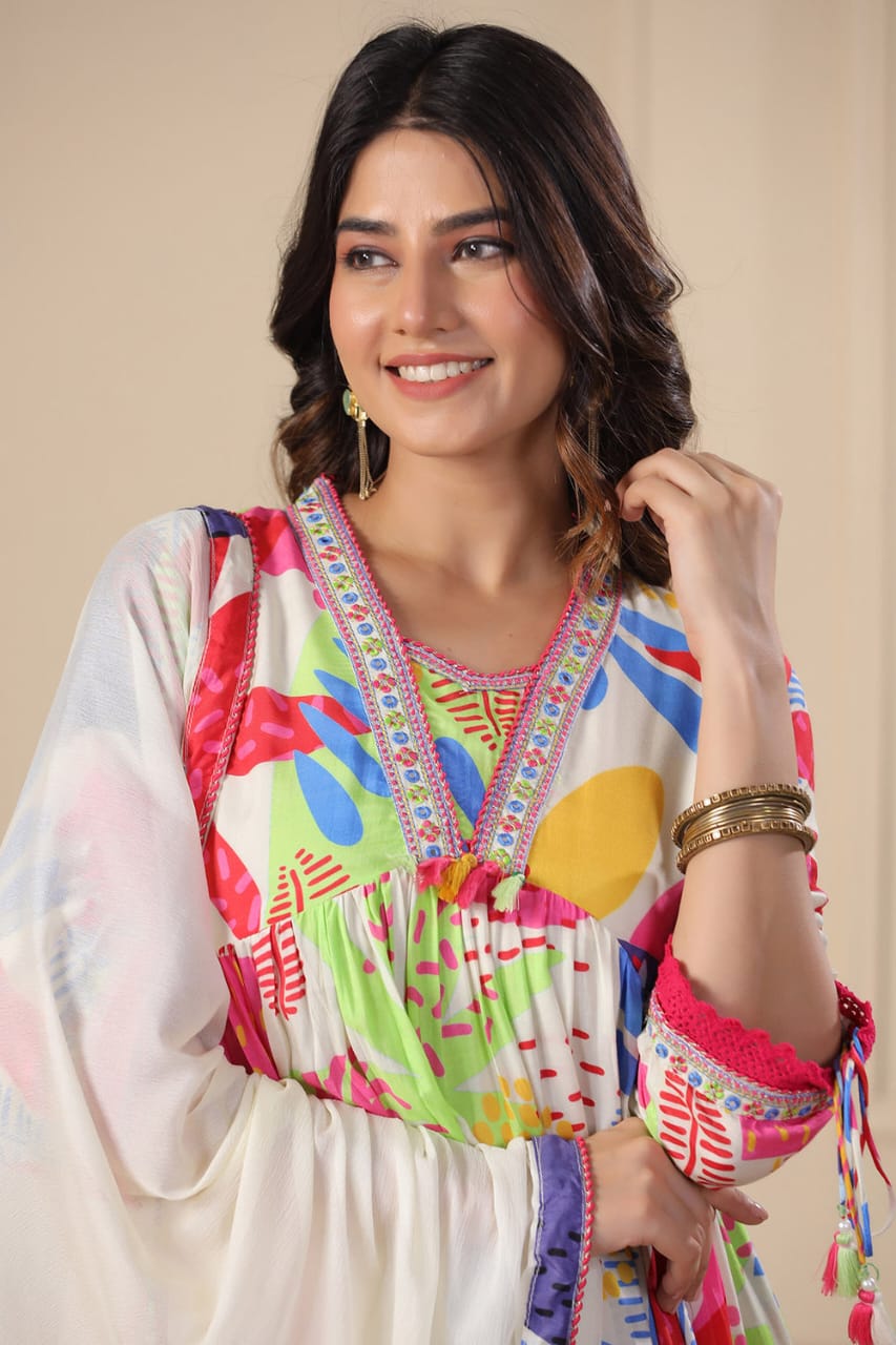 BIBA Cream Anarkali Cotton Printed Floral Blunt V Abstract Set
