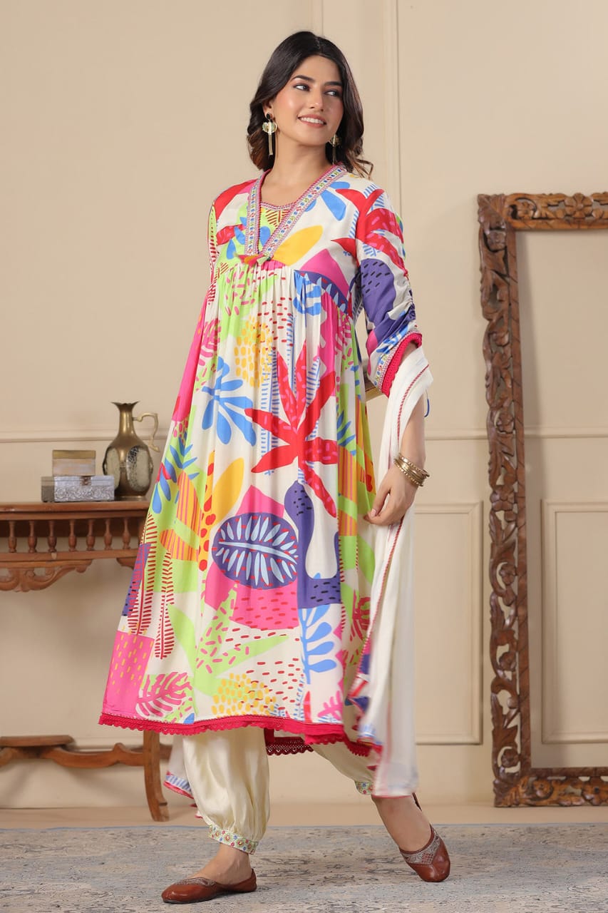 BIBA Cream Anarkali Cotton Printed Floral Blunt V Abstract Set