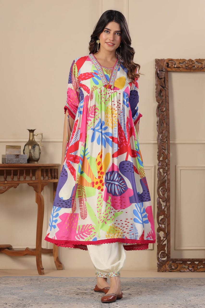 BIBA Cream Anarkali Cotton Printed Floral Blunt V Abstract Set