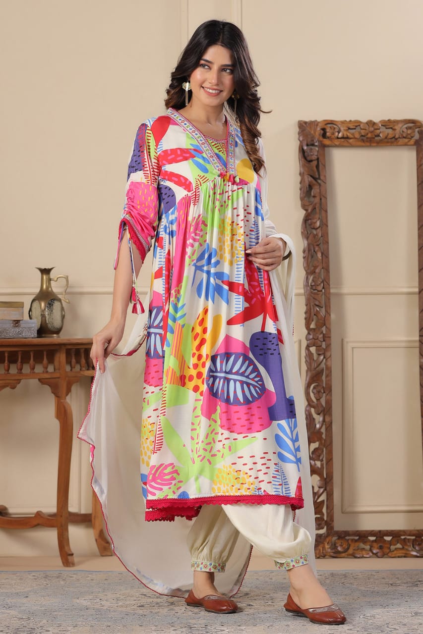 BIBA Cream Anarkali Cotton Printed Floral Blunt V Abstract Set