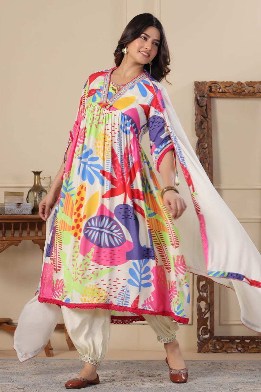 BIBA Cream Anarkali Cotton Printed Floral Blunt V Abstract Set