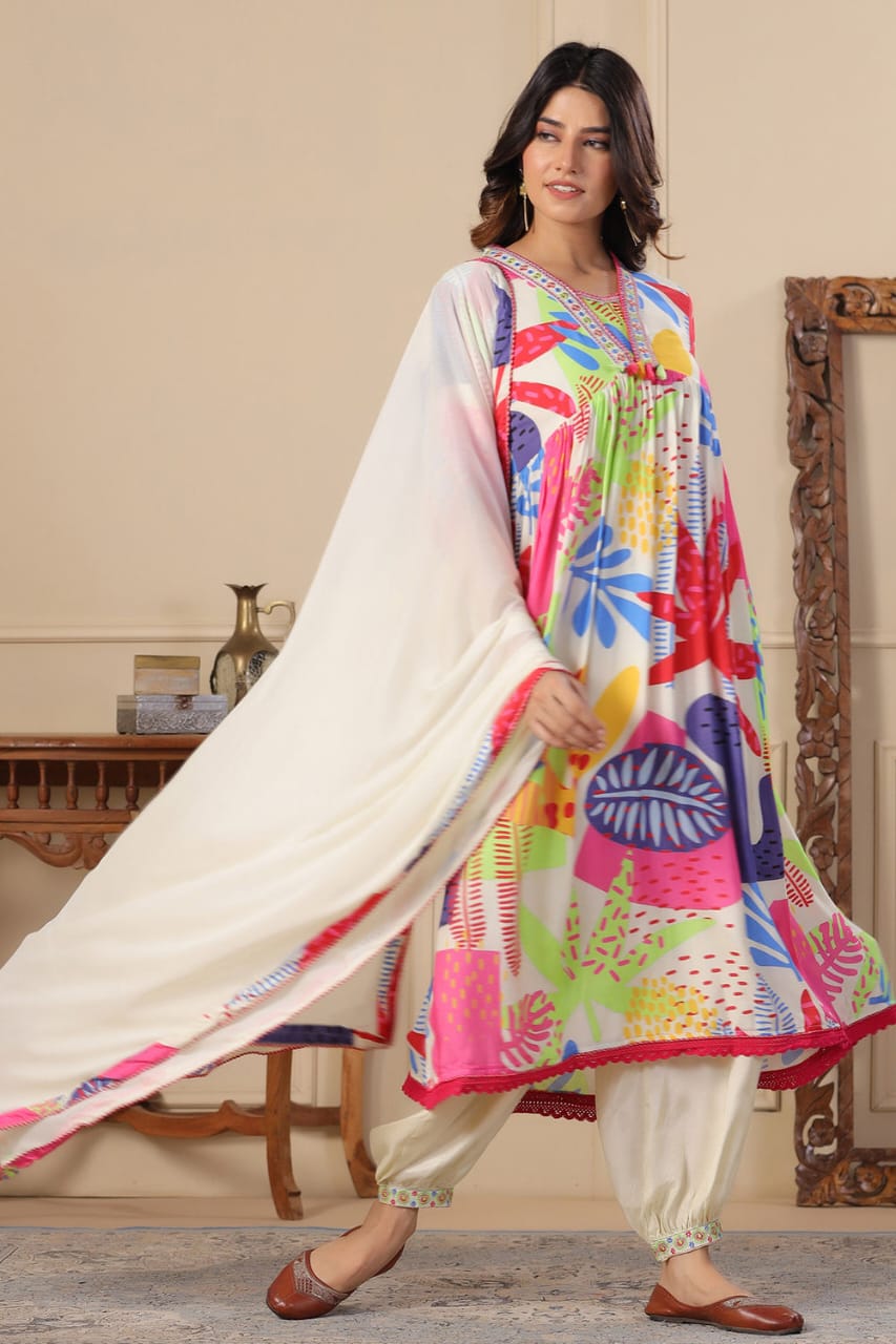 BIBA Cream Anarkali Cotton Printed Floral Blunt V Abstract Set
