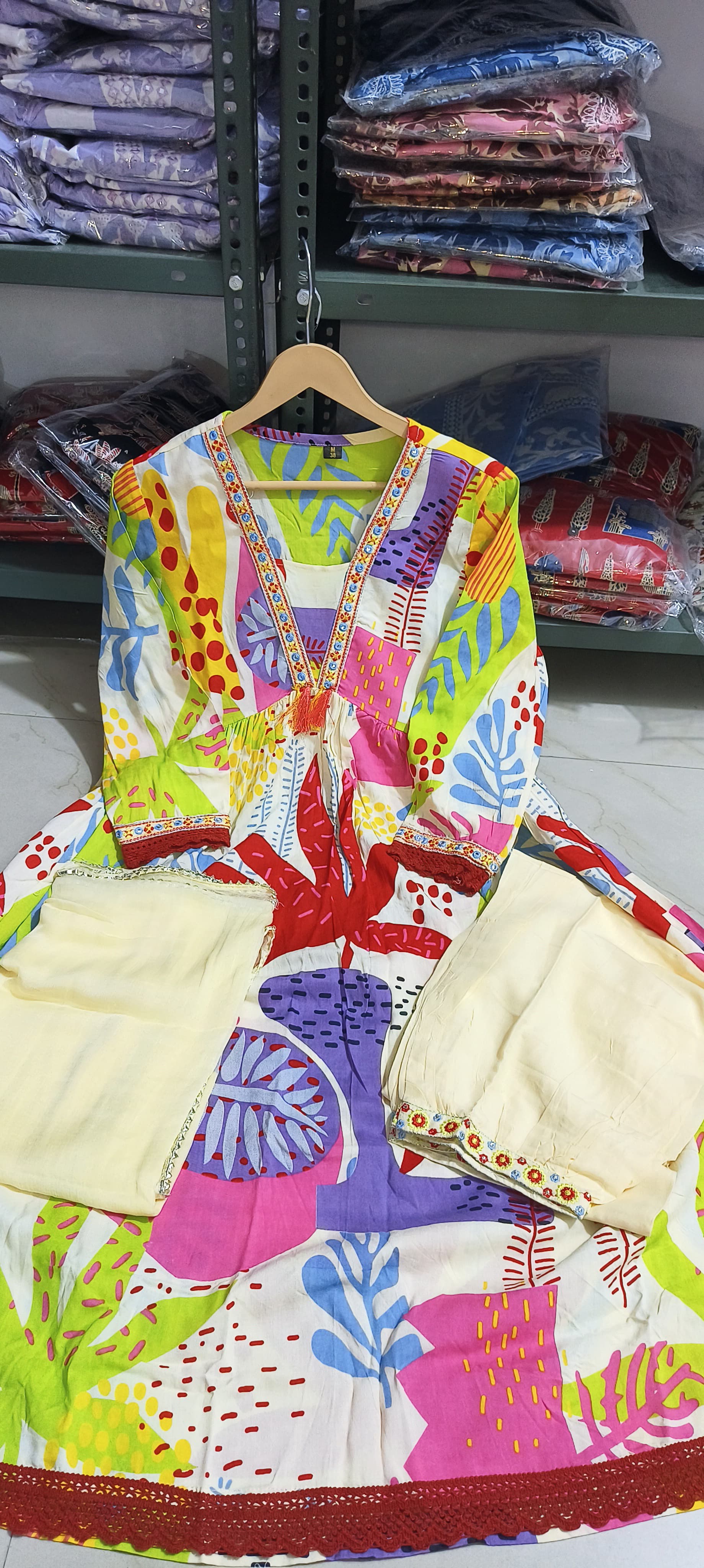 BIBA Cream Anarkali Cotton Printed Floral Blunt V Abstract Set