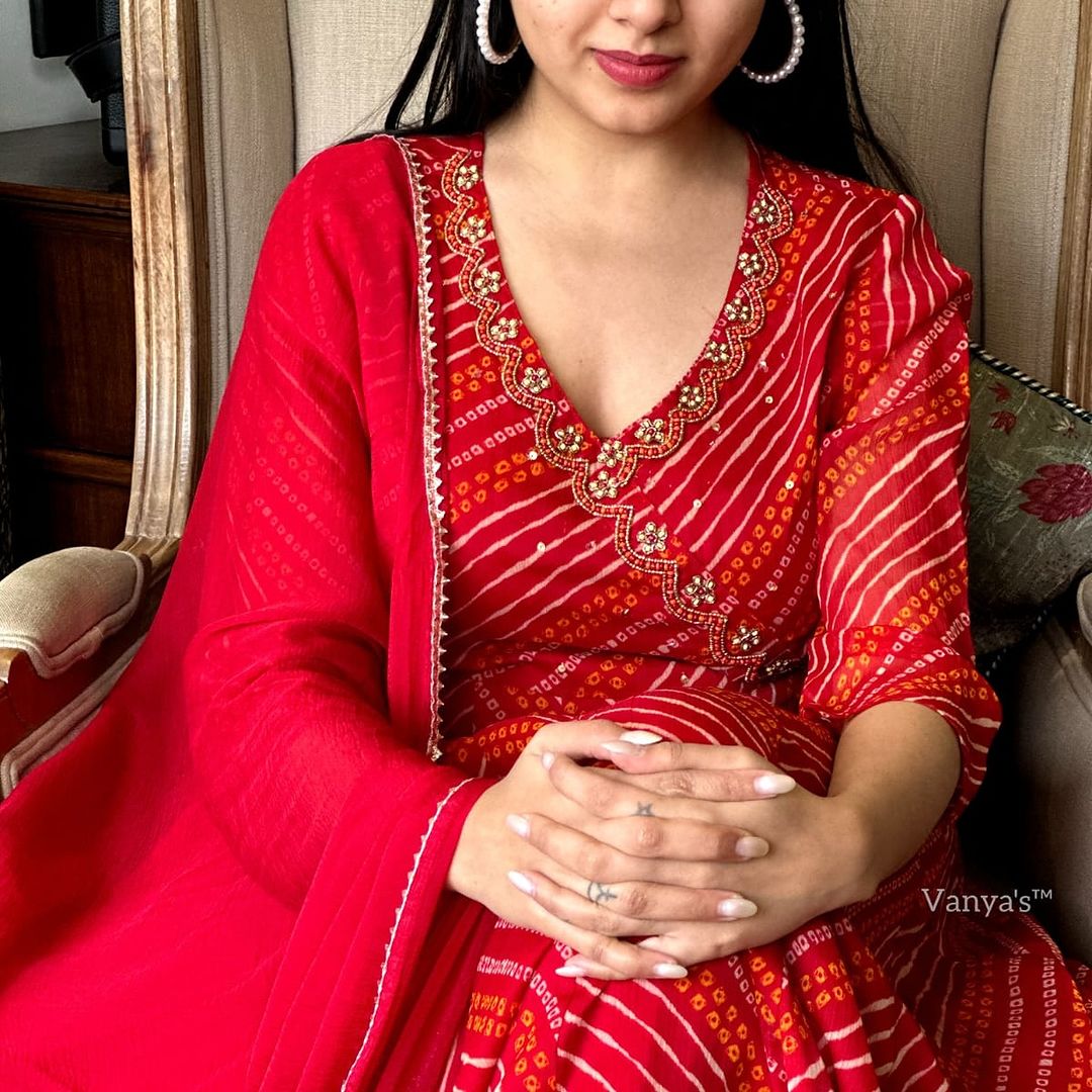 Biba Premium  Anarkali Kurta Set With Angrakha For Women (Red)