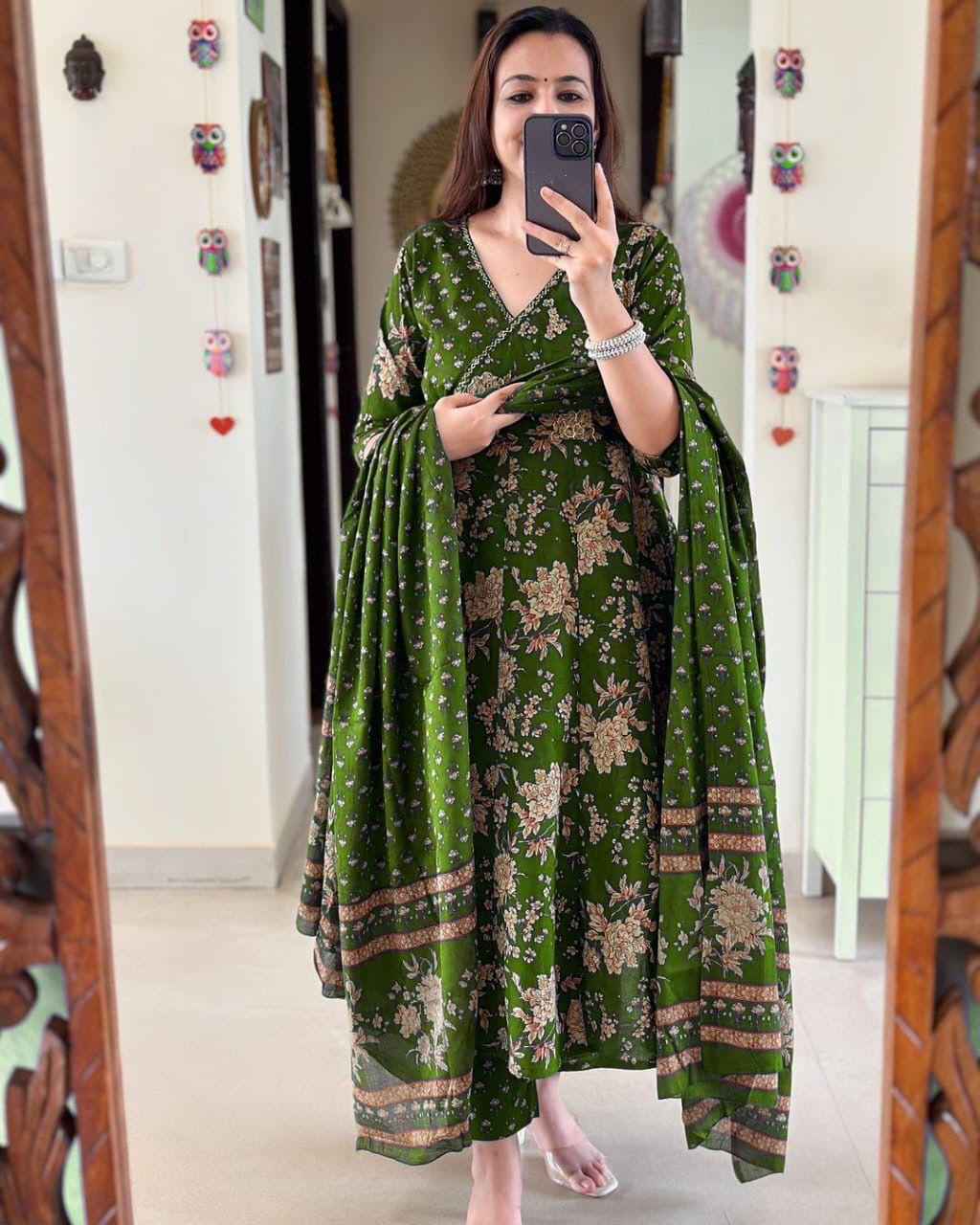 Biba Premium Anarkali Kurta Set With Angrakha Style For Women (Dark Green)