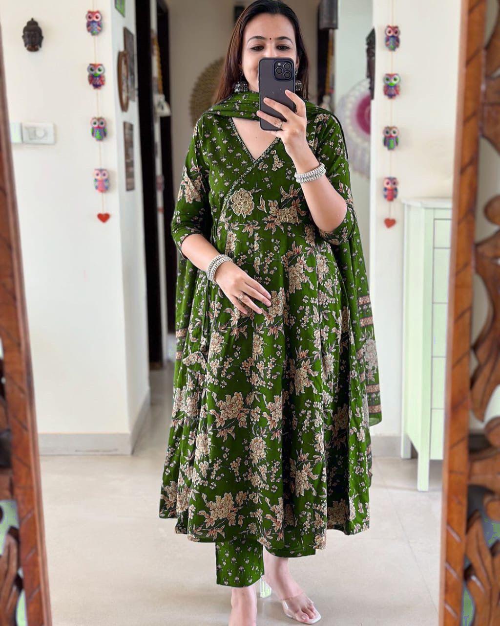 Biba Premium Anarkali Kurta Set With Angrakha Style For Women (Dark Green)
