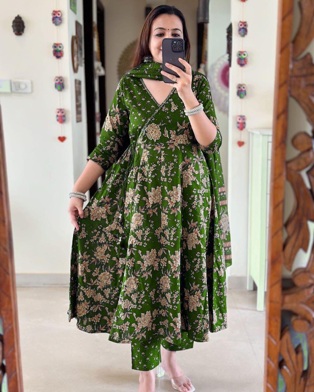 Biba Premium Anarkali Kurta Set With Angrakha Style For Women (Dark Green)