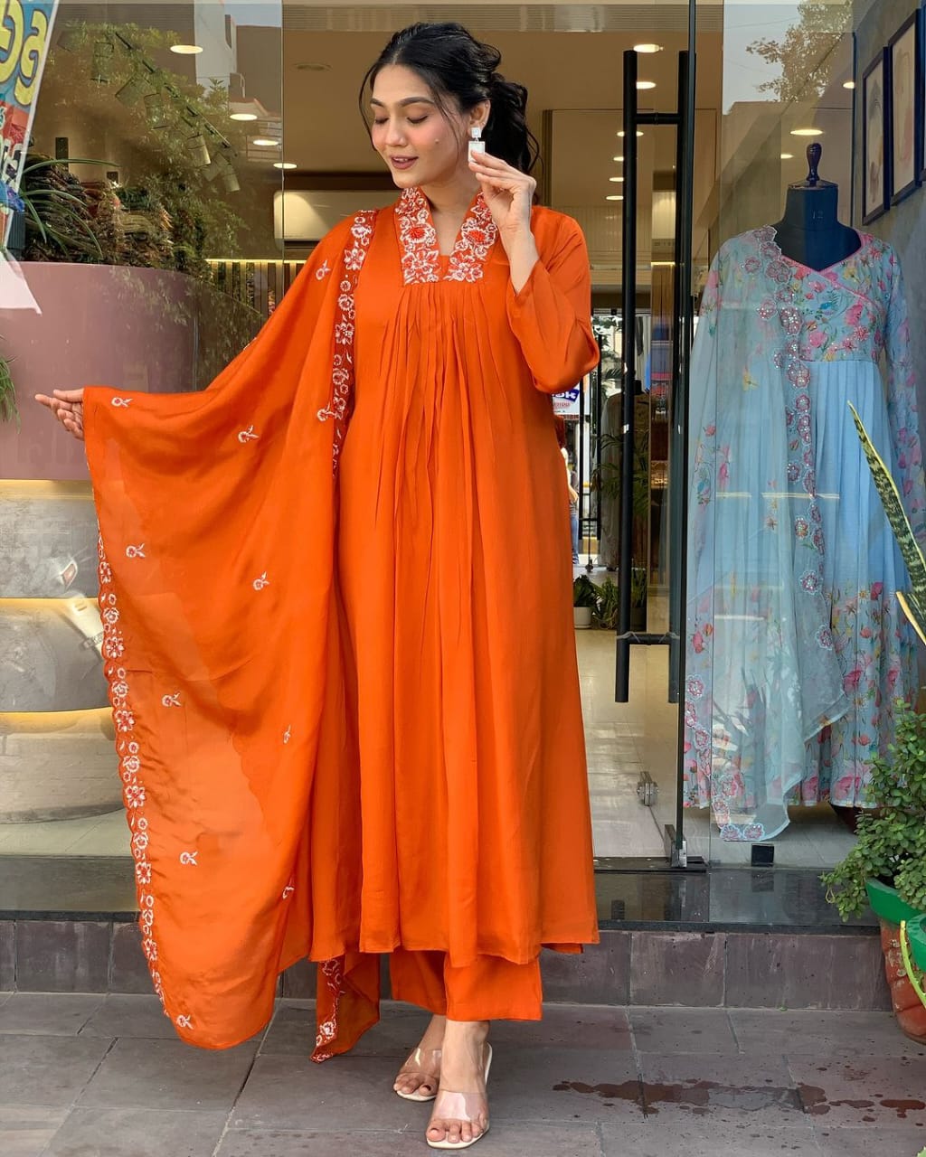 Biba Premium  Beautiful Cotton Fabric Kurti Pant With Malmal Dupatta (Orange)