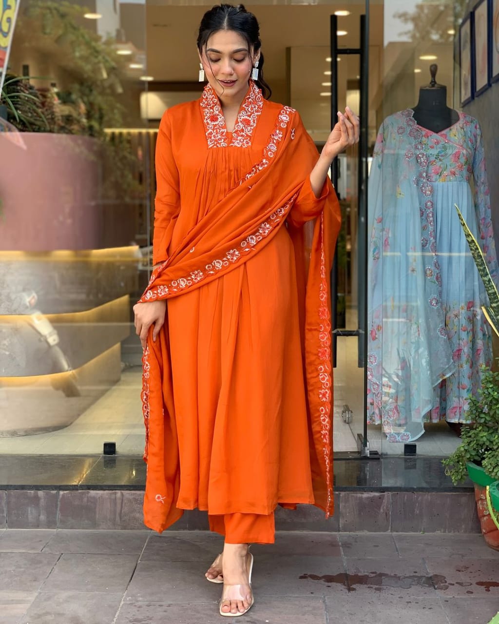 Biba Premium  Beautiful Cotton Fabric Kurti Pant With Malmal Dupatta (Orange)
