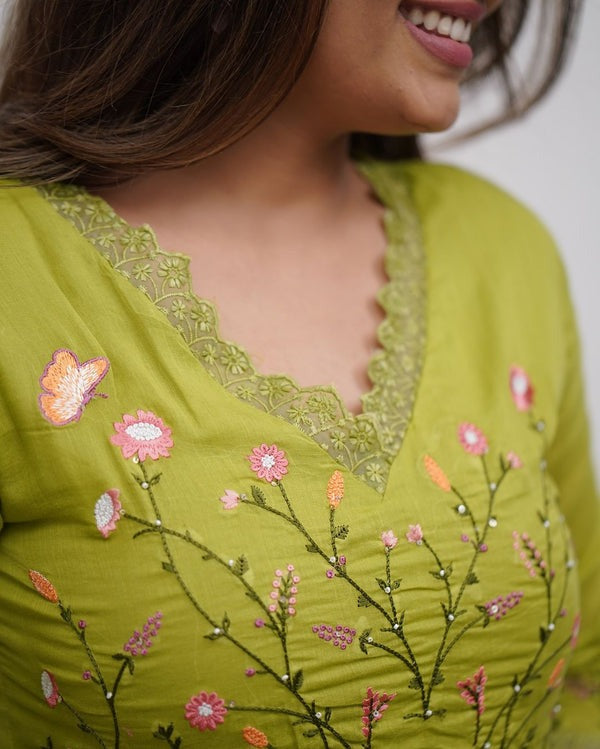 Biba Premium Beautiful Embroidery And Sequence Work Set For Women (Green)