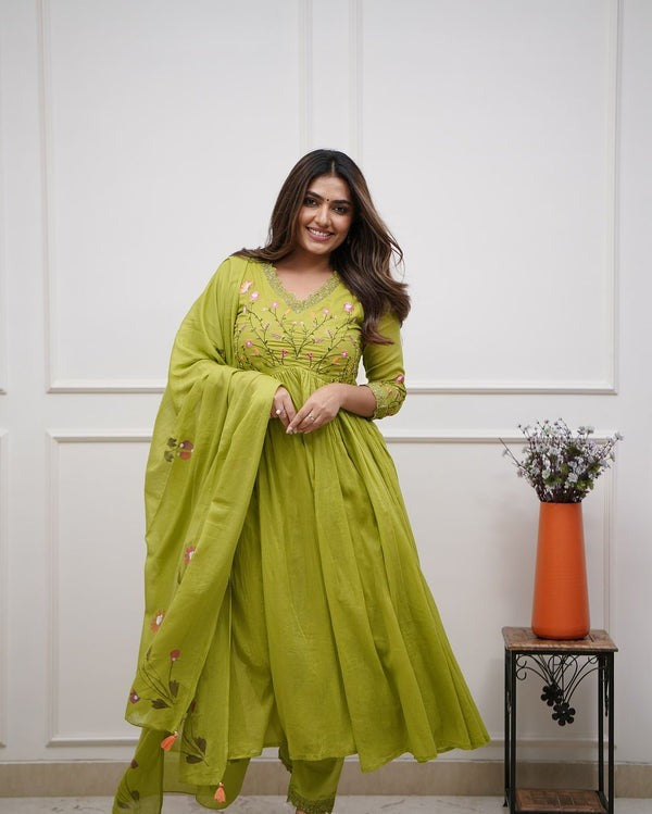 Biba Premium Beautiful Embroidery And Sequence Work Set For Women (Green)