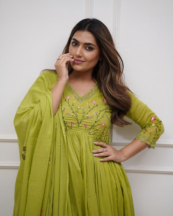 Biba Premium Beautiful Embroidery And Sequence Work Set For Women (Green)