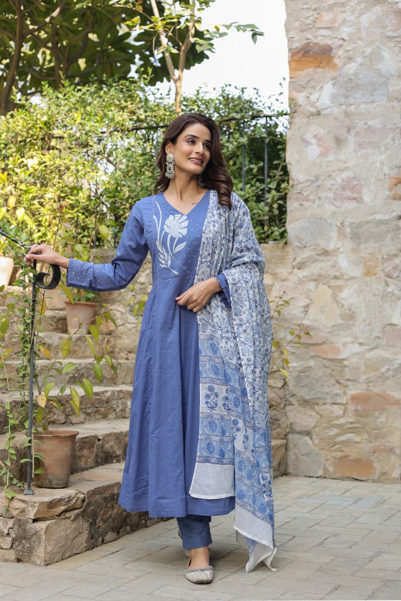 Biba Premium  Blue Cotton Anarkali Set Women Suit