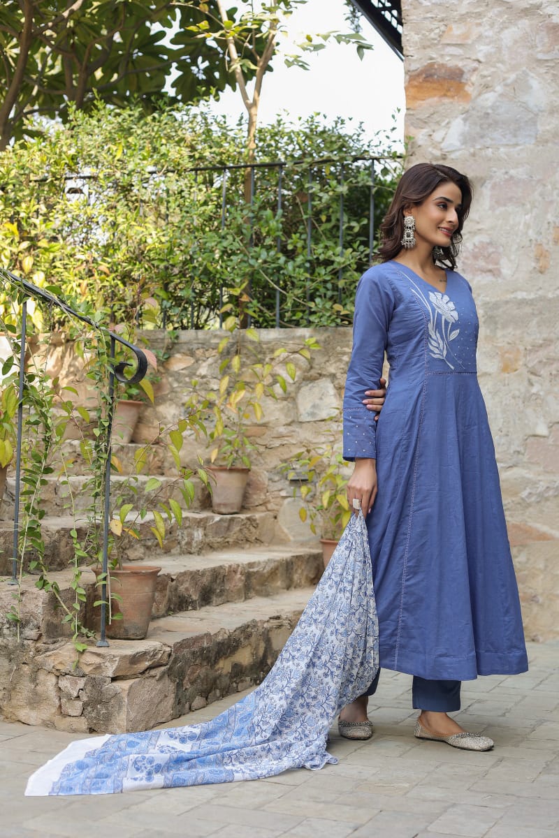 Biba Premium  Blue Cotton Anarkali Set Women Suit