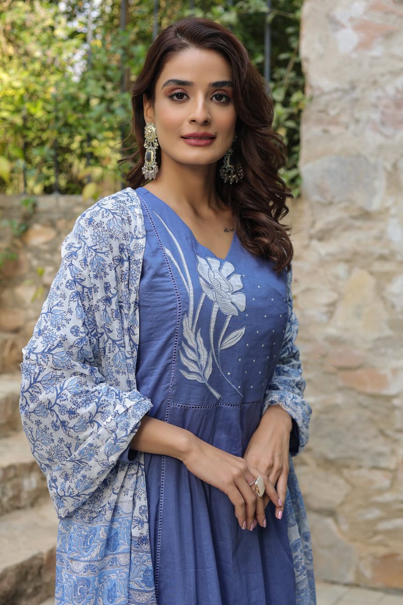 Biba Premium  Blue Cotton Anarkali Set Women Suit