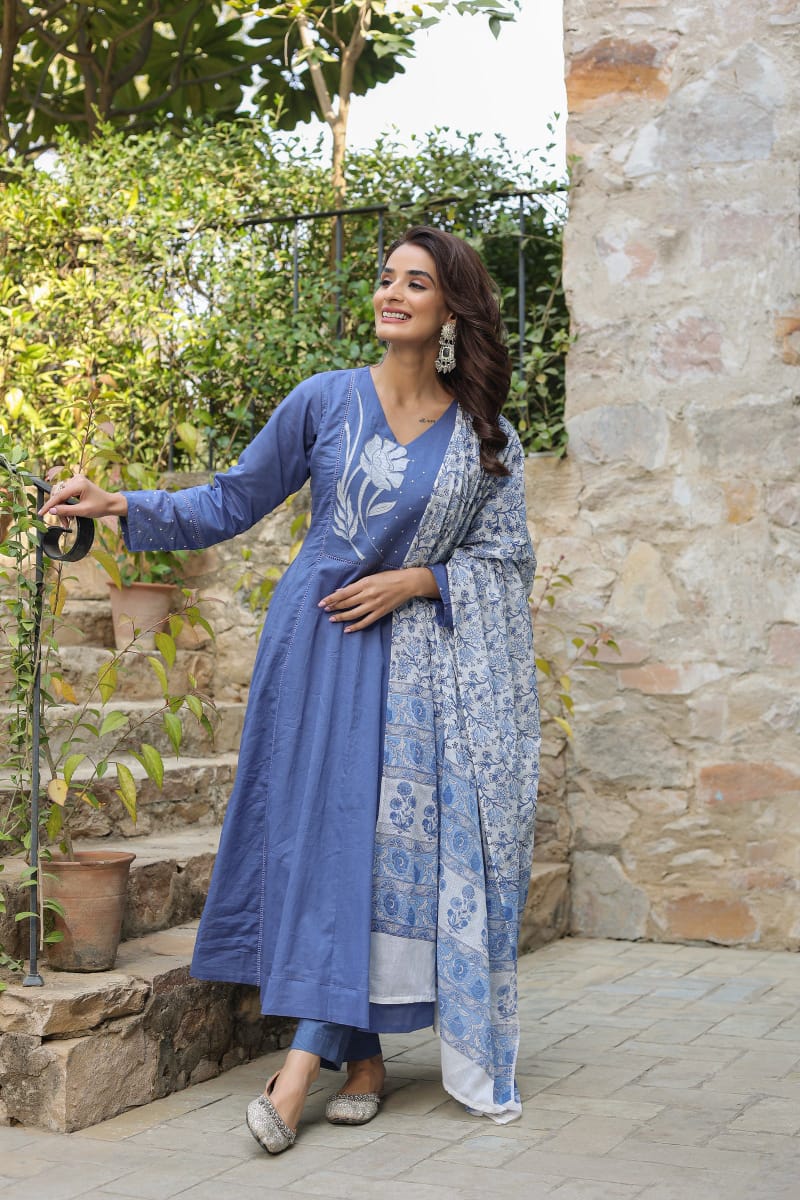 Biba Premium  Blue Cotton Anarkali Set Women Suit