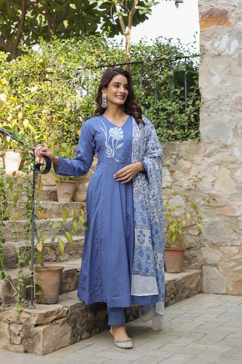 Biba Premium  Blue Cotton Anarkali Set Women Suit