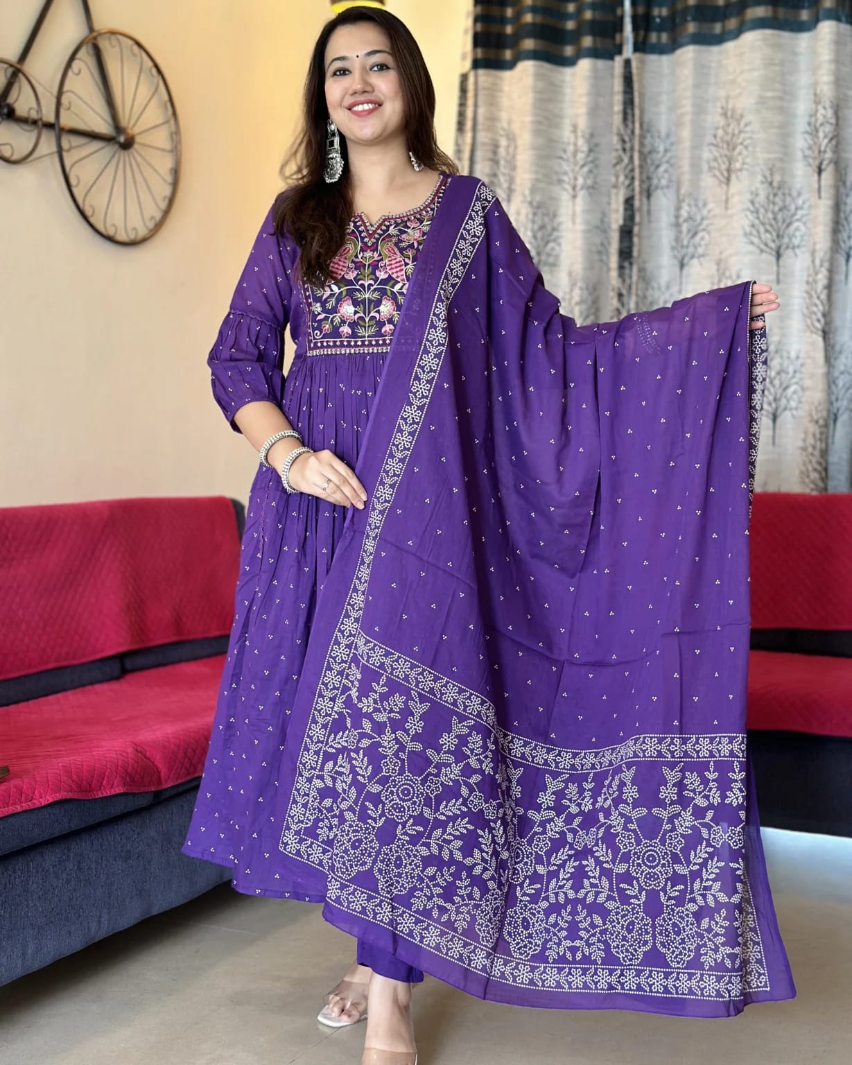 Biba Premium Purple Anarkali Kurta Set With Cotton Pant And Malmal Dupatta