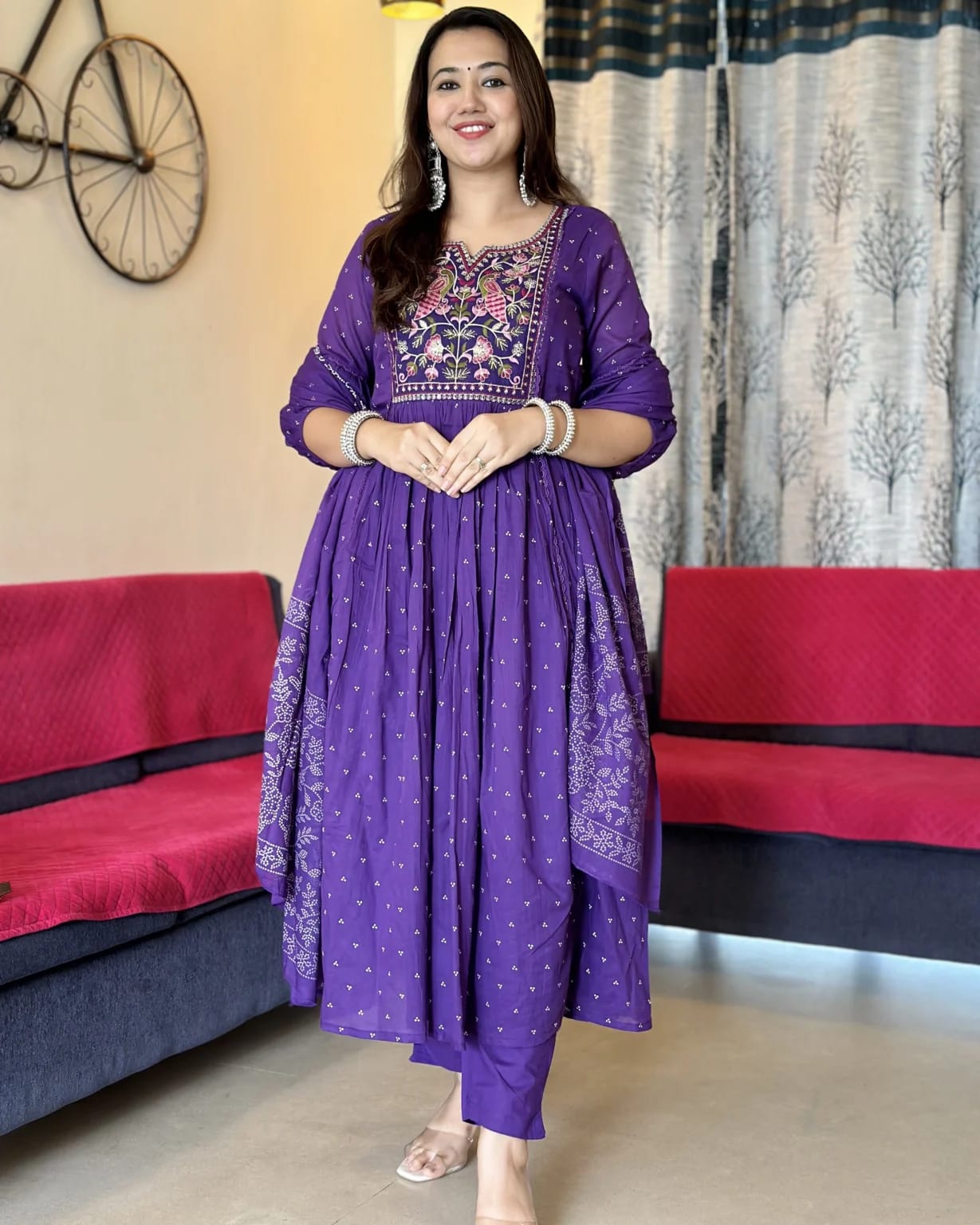 Biba Premium Purple Anarkali Kurta Set With Cotton Pant And Malmal Dupatta