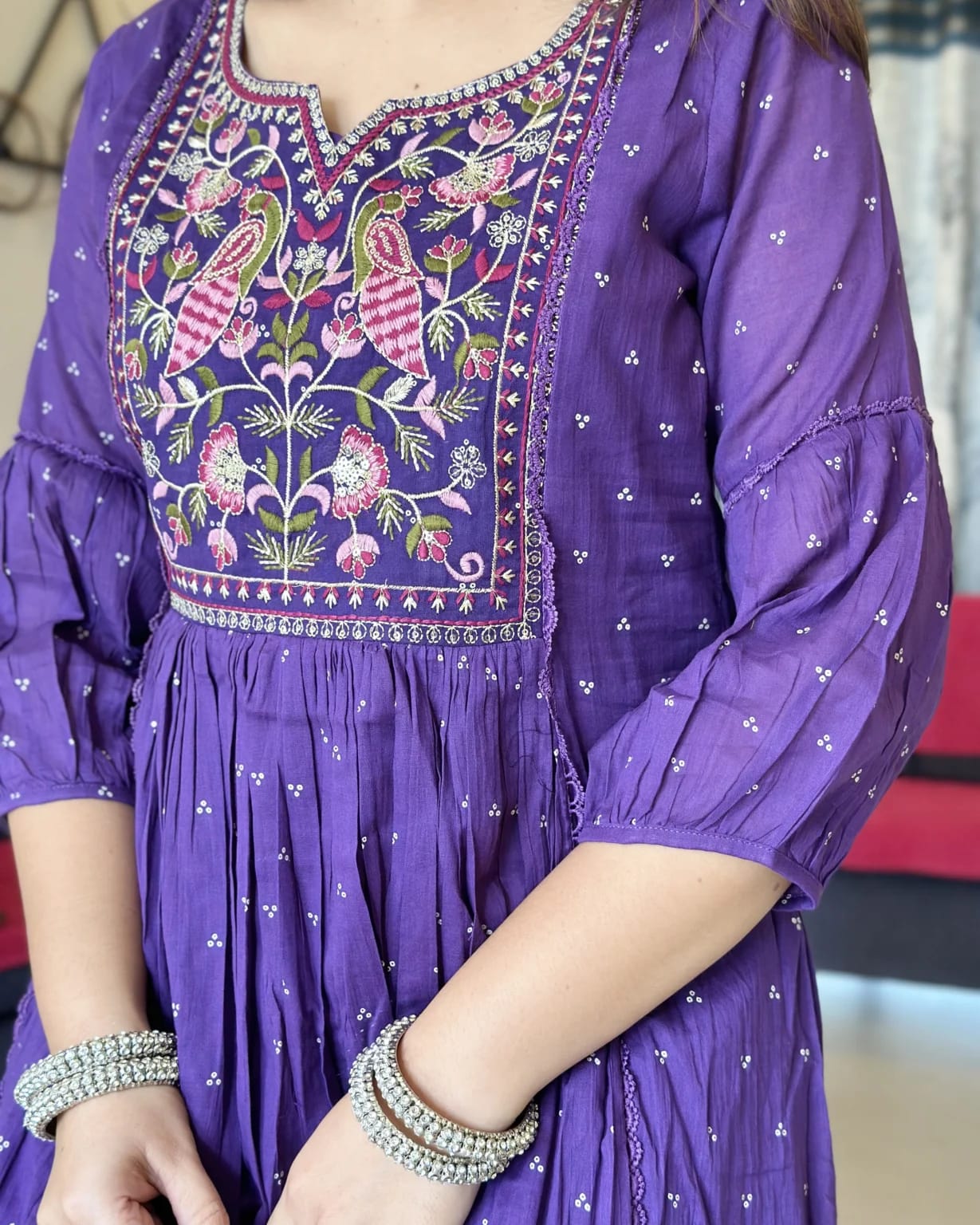 Biba Premium Purple Anarkali Kurta Set With Cotton Pant And Malmal Dupatta