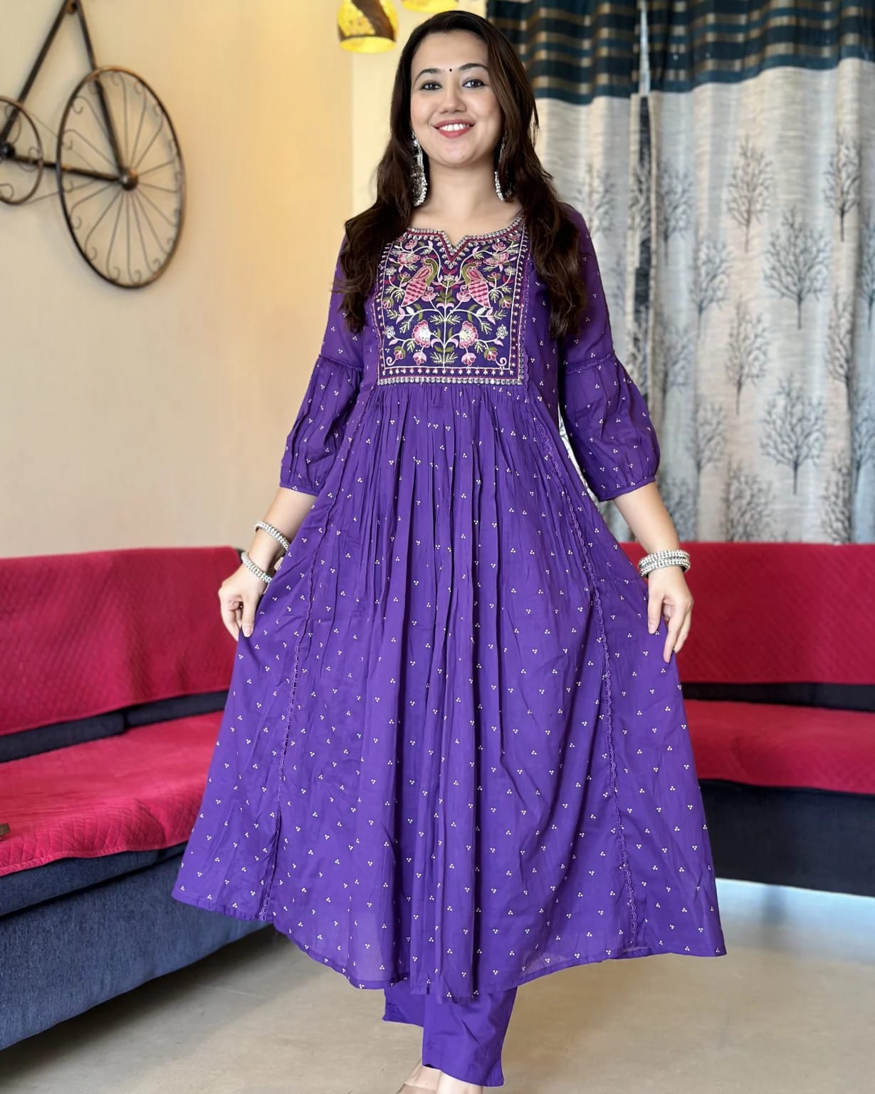 Biba Premium Purple Anarkali Kurta Set With Cotton Pant And Malmal Dupatta