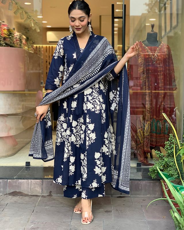 BIBA Cotton Blue Kurta Pant & Dupatta Set