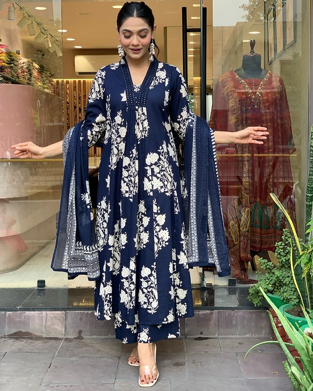 BIBA Cotton Blue Kurta Pant & Dupatta Set