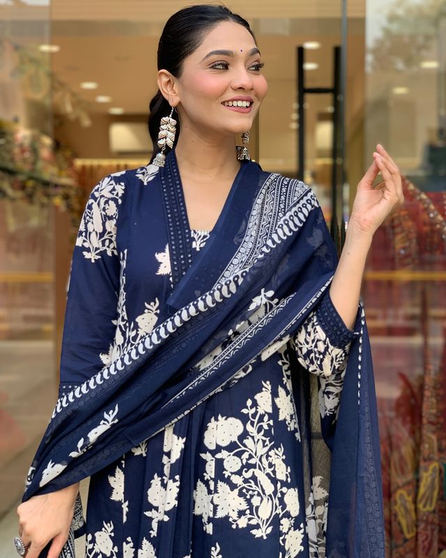 BIBA Cotton Blue Kurta Pant & Dupatta Set