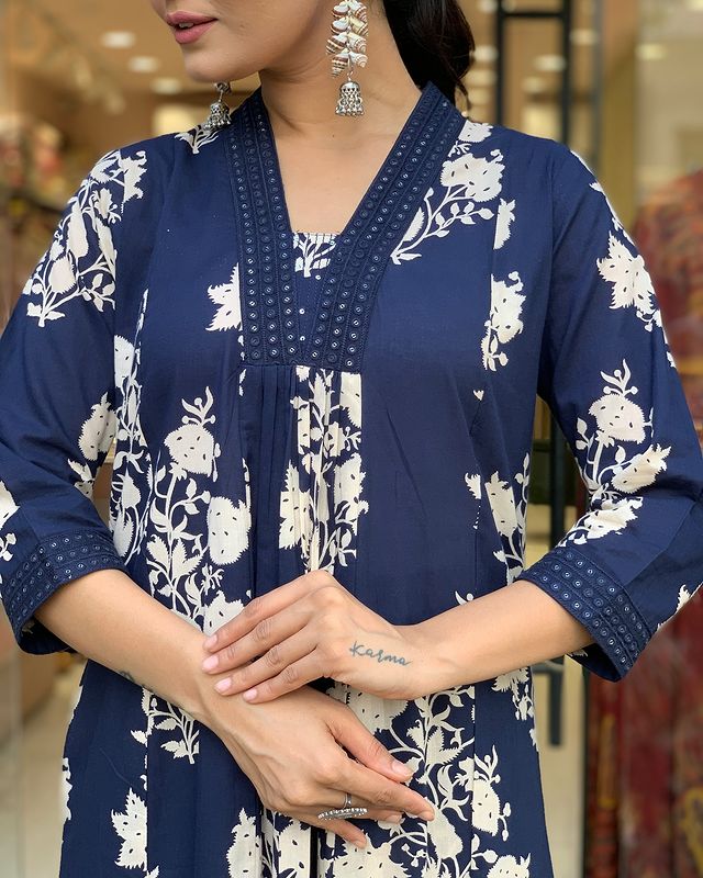 BIBA Cotton Blue Kurta Pant & Dupatta Set