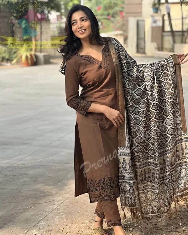 BIBA Elegant Brown Kurta Set with Printed Dupatta