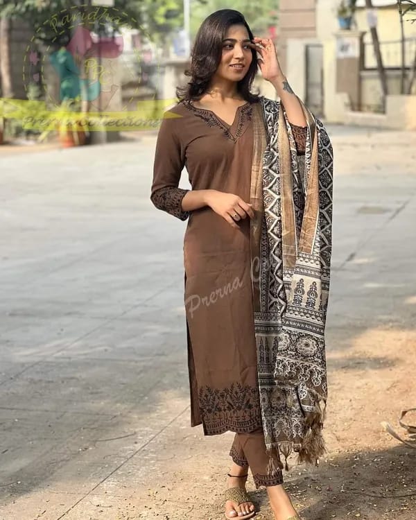 BIBA Elegant Brown Kurta Set with Printed Dupatta