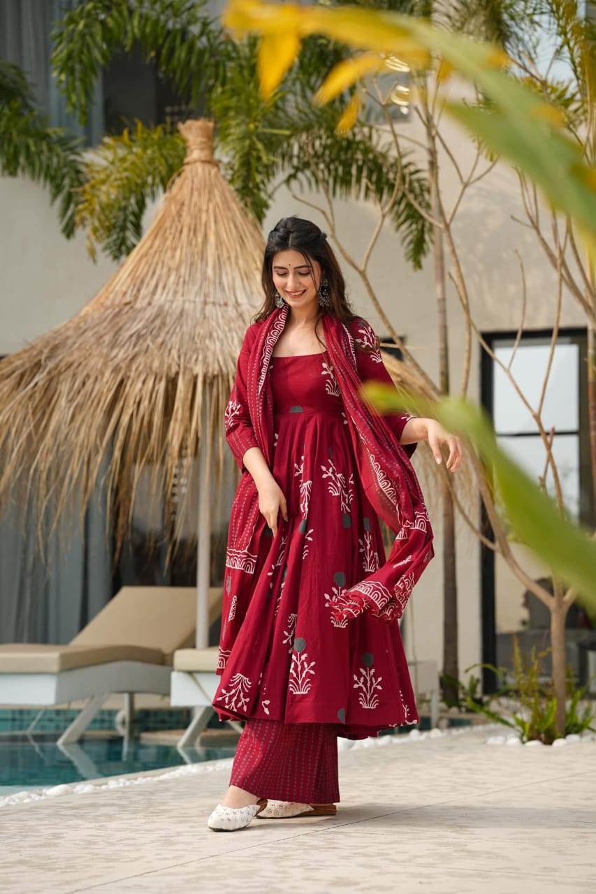 Biba Premium Red Pure Cotton Anarkali Kurta Set For Women