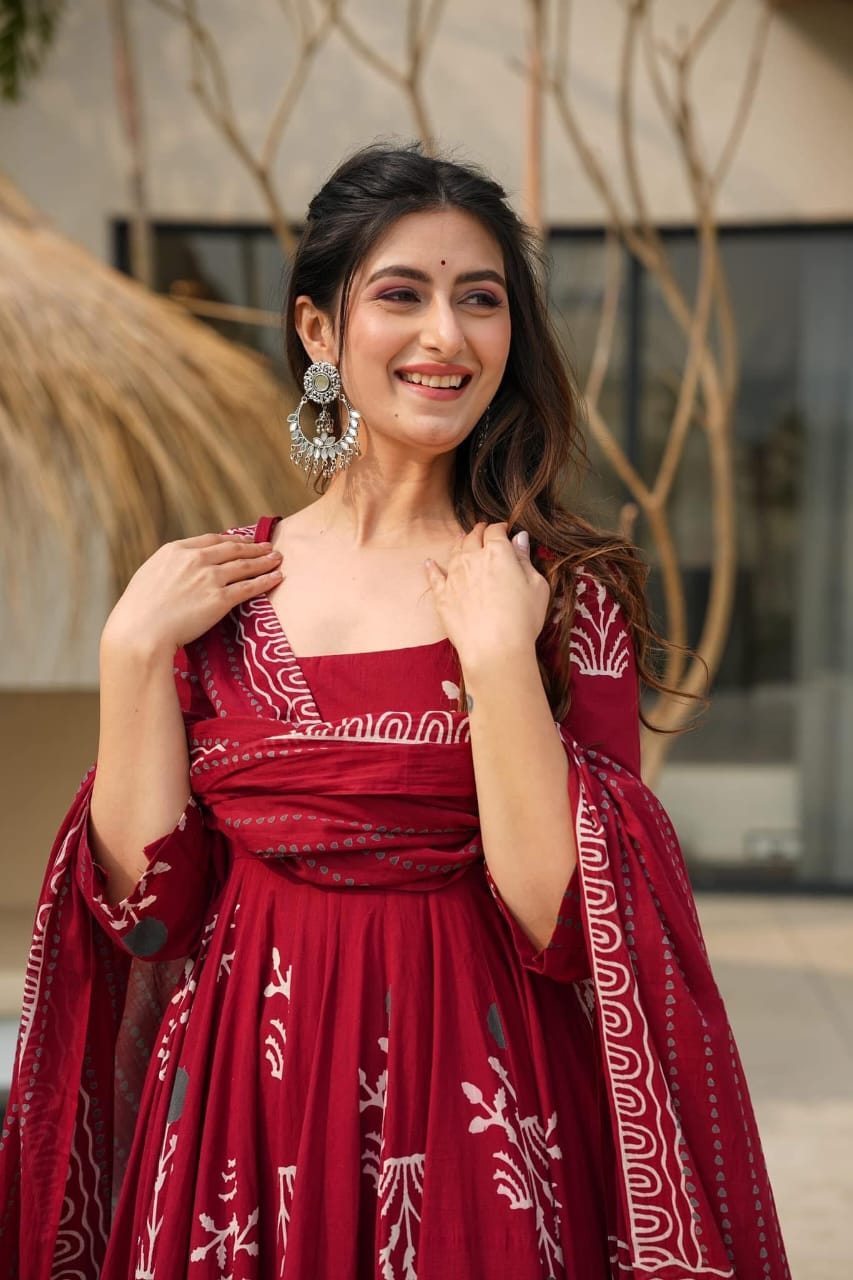Biba Premium Red Pure Cotton Anarkali Kurta Set For Women