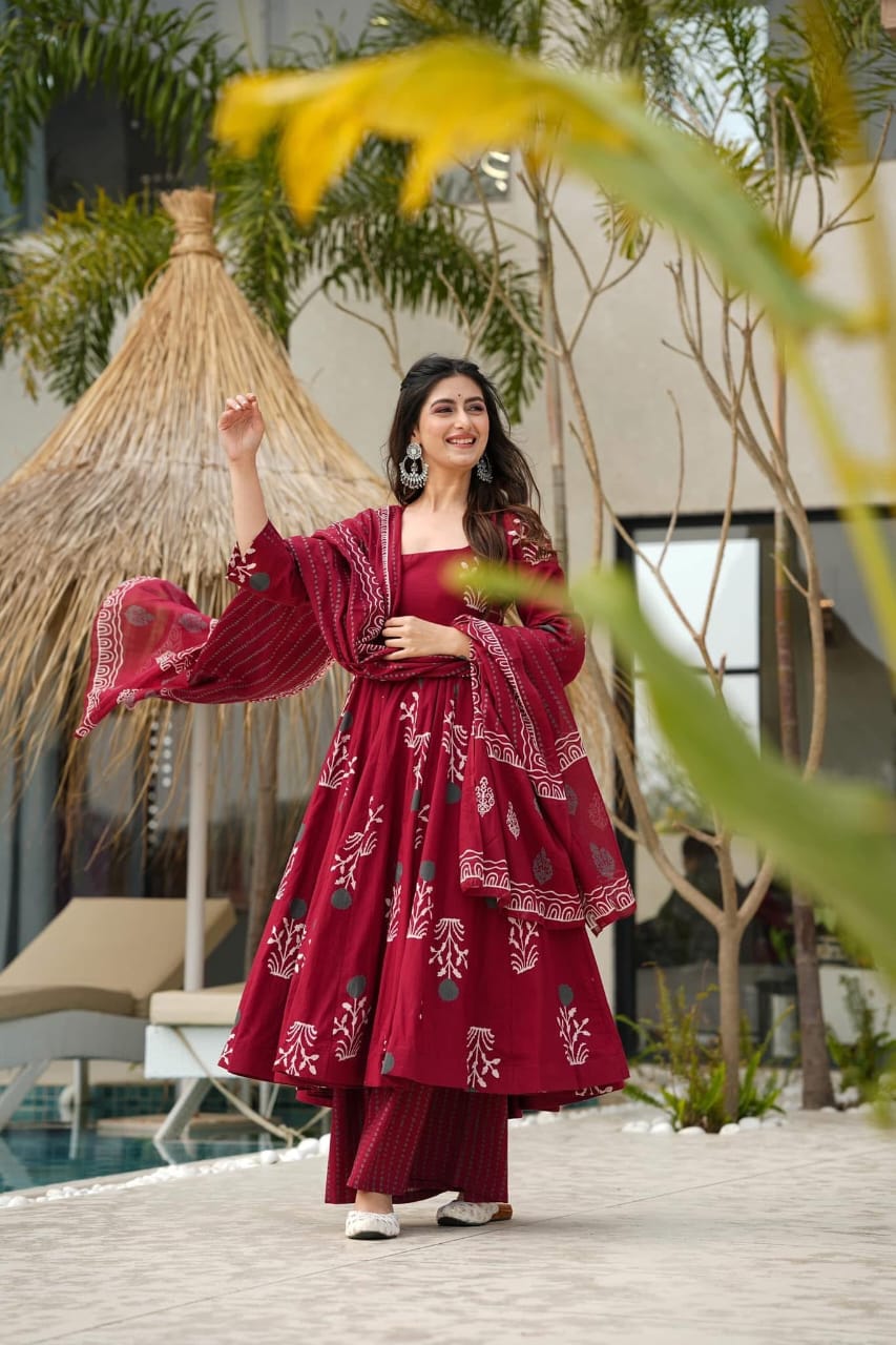 Biba Premium Red Pure Cotton Anarkali Kurta Set For Women